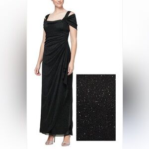 Alex Evenings Black Glitter Mesh Dress with Draped Skirt & Cowl Neckline Size 6